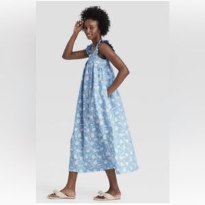 Linen blend floral  blue summer dress